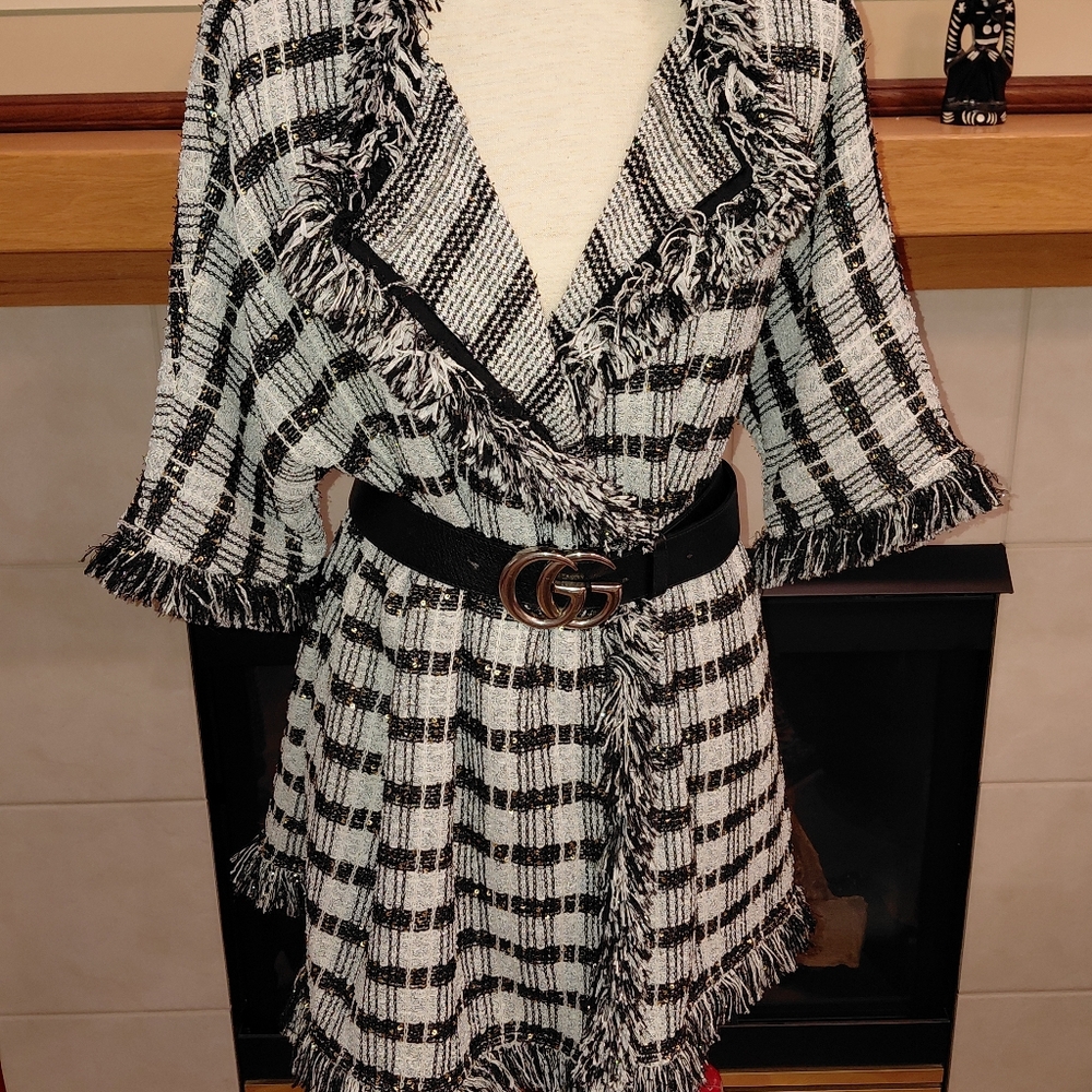 St. John Black White Houndstooth Fringe Blazer Jacket Sweater Size M